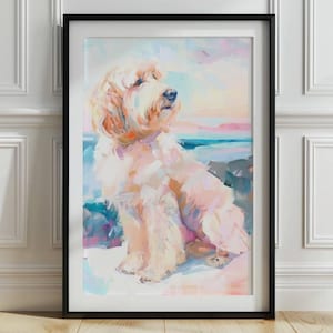 Goldendoodle Beach Wall Art, Pastel Dog Beach Print, Goldendoodle Ocean View, Nursery Doodle Print, Dog Watching Sunset, Doodle gift, P656