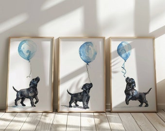Labrador Retriever print, Dog nursery print set of 3, Puppy wall art, Boy Room Wall Art ,Puppy nursery decor, Black Labrador with Balloon