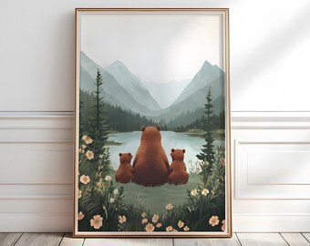 Bear Family Nursery Print: Woodland Animals Mountain Scene (Digital Download