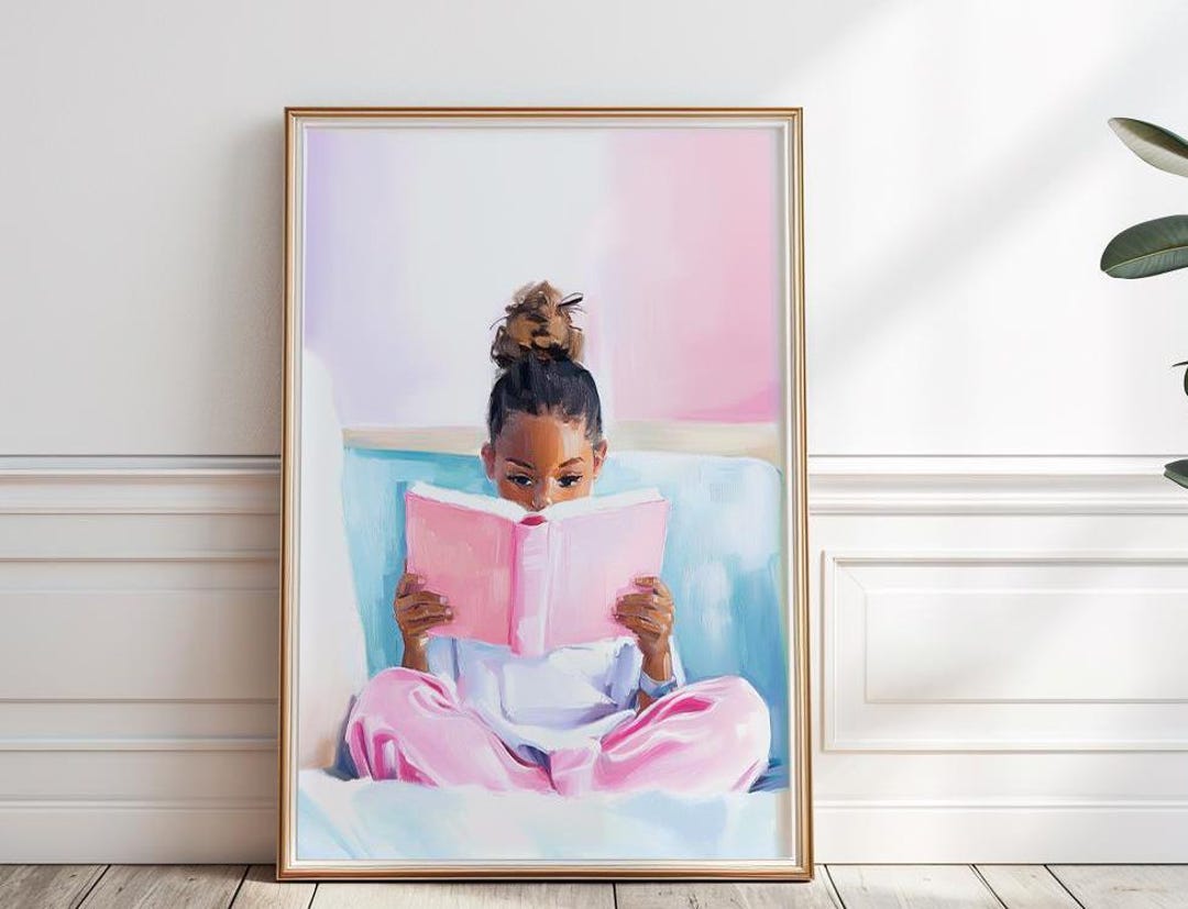 Black Little Girl Reading Print, Dark Skin Girl Reading a Book Painting ...