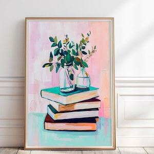 Stack of Books Painting, Book Lover Wall Art, Bookish Decor, Bookworm Printable Art, Pastel Library Art, Floral Stack of Books, P#171