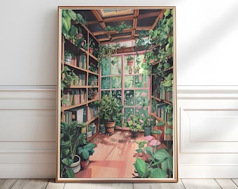 Greenhouse Library, Library Art Print, Reading Nook Painting, Lush library print, Bookish Wall Art, Indoor garden art, Book Lover Gift, P419