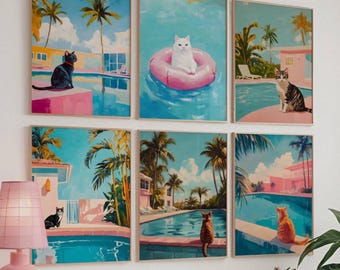 Retro Cat Prints SET: Mid-Century Modern Summer Pool Art (Digital Download