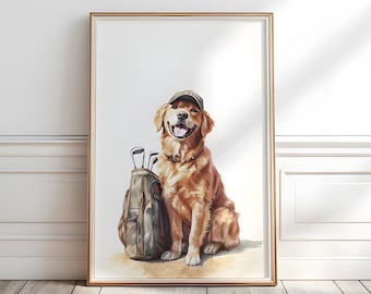 Golden Retriever golf print, Vintage dog Golfing Wall Art, Golden Retriever portrait, Watercolor golf print, Golden Retriever gift,P442