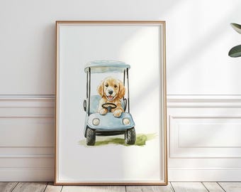 Golden Retriever golf print, Puppy Golf nursery wall art for boy, Dog in golf cart, Golf nursery Decor, Watercolor Dog Playing Golf,P#100