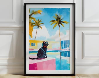 Retro Black Cat Summer Print: Mid-Century Modern Poolside Art (Digital Download