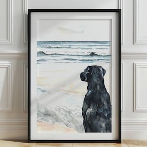 Black Labrador Retriever on the beach print, Labrador wall art, Gift for Dog Lovers, Watercolor Labrador at the beach, Digital Download