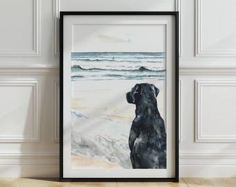 May include: Watercolor painting of a black dog sitting on a beach, looking out at the ocean. The waves are crashing in the background, and the sand is light brown.
