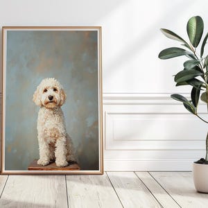 May include: A white dog with fluffy fur sits on a wooden platform against a blue and brown background. The dog is looking directly at the camera.