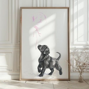 ラブラドール レトリバーのプリント、子犬のウォール アート、風船を持った黒いラブラドール、犬の保育園のプリント、女の子の部屋の壁アート、子犬の保育園の装飾、印刷可能