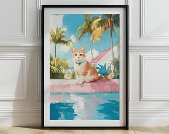 Retro Cat Print: Mid-Century Modern Miami Pool Art (Digital Download