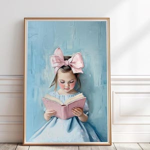 Little brunette girl reading book painting, Girl reading a book print, Book Lover Wall Art, Pastel Reading Nook print,Girly room decor,P#159