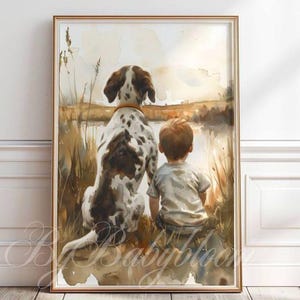 Puede incluir: Una pintura de acuarela de un niño y un perro sentados uno al lado del otro, mirando hacia un lago. El perro es marrón y blanco con manchas negras, y el niño lleva una camisa azul claro. El fondo es una acuarela de azul y verde, con un toque de naranja en el cielo.