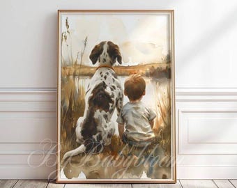 German Short hair Pointer nursery art, Boy and Dog  print, German Pointer watercolor, Dog nursery wall art, Kids room neutral decor, P #162