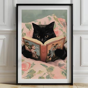 Katzen Lesebuch Druck, schwarze Katze Wandbild, schwarze Katze Kunst für Buch-Liebhaber, Katzen-Kinderzimmer-Kunst, Katzen-Schlafzimmer-Dekor, Katze mit Buch-Druck, P754
