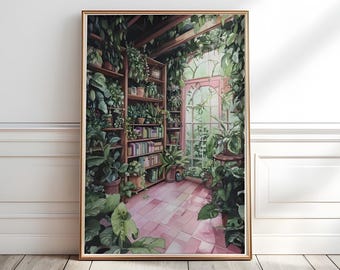 Greenhouse Library, Library Art Print, Reading Nook Painting, Lush library print, Bookish Wall Art, Indoor garden art, Book Lover Gift, P418