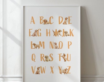 Labrador alfabet print, golden retriever alfabet print, hond alfabet kinderkamer print, puppy ABC poster, kunst aan de muur kinderkamer hond, hond ABC poster