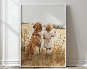 May include: A watercolor painting of a girl and a golden retriever dog standing in a field of tall grass. The girl is wearing a white dress and the dog is looking off to the side.