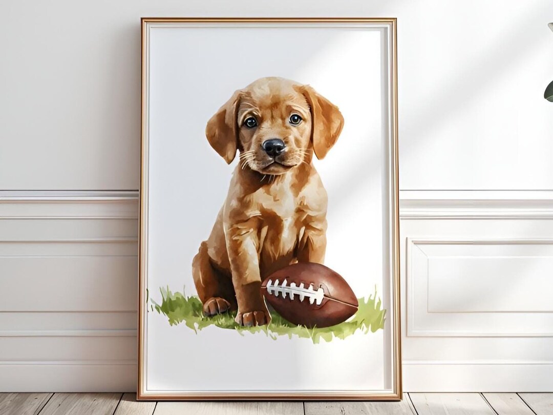 Labrador Football Nursery Print, Red Labrador Puppy Playing Football ...