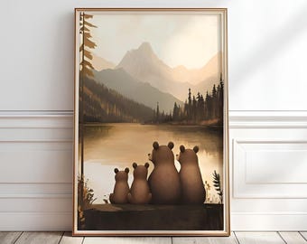 Bear Family Nursery Print: Woodland Animals Mountain Scene (Digital Download