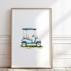 ゴルフカートアート、水彩画ゴルフカープリント、ブルーゴルフカートウォールアート、子供用車両ウォールアート、ゴルフウォールアート、男の子の部屋の装飾、デジタル、P #103
