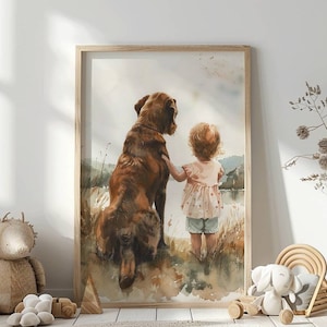 Schokoladen Labrador Retriever Druck, Mädchen und Hund Druck, Welpe Aquarell Wandkunst, Hund Kinderzimmer Wandkunst, Kinderzimmer Dekor, bedruckbar