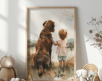 Stampa per cameretta Labrador Retriever color cioccolato, stampa per bambina e cane, stampa murale acquerello con cucciolo, stampa murale per cameretta con cane, decorazioni per cameretta per bambini, stampabile