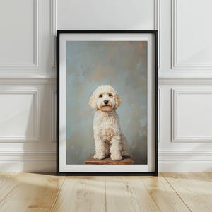 May include: A white and cream colored dog with curly fur sits on a wooden platform against a light blue background. The dog is looking directly at the camera.