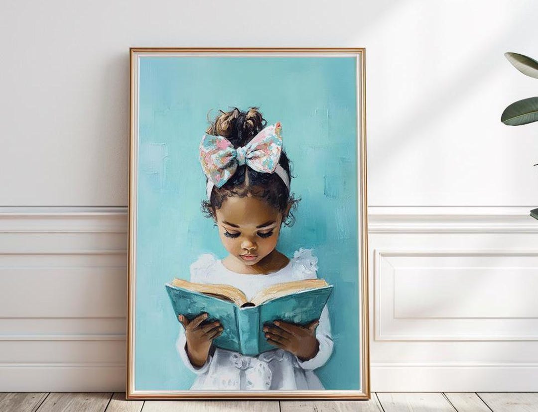 Black Little Girl Reading Print, Dark Skin Girl Reading a Book Painting ...