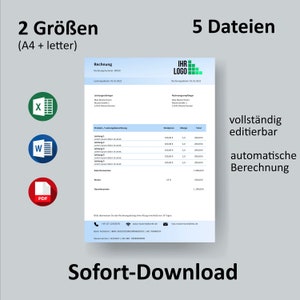 May include: A blue and white invoice template with the text "Rechnung" (German for invoice) and "IHR LOGO" in a blue box. The template includes fields for product, description, price, quantity, and total. The text "vollständig editierbar" (German for fully editable) and "automatische Berechnung" (German for automatic calculation) is also included. The template is available in two sizes: A4 and letter.