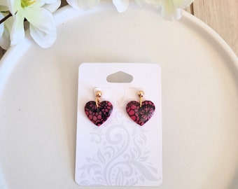 Lace heart clay earrings, valentine's day earrings, love earrings, heart dangle earrings, romantic earrings, boho, handmade clay earrings