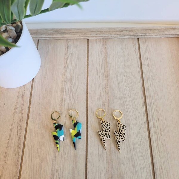 Lightning bolt clay earrings, boho earrings, summer jewelry, hipster earrings, trending jewelry, leopard print, yellow marble, huggie hoops