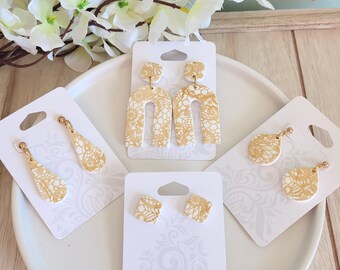 Gold lace clay earrings, polymer clay earrings, trendy clay earrings, bridal earrings, boho clay, classy, elegant earrings, wedding earrings