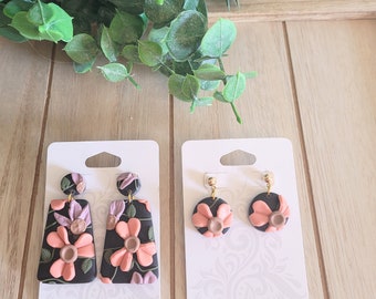 Floral cottagecore earrings, clay earrings, pink flower earrings, purple flower earrings, boho clay earrings, statement earrings, spring