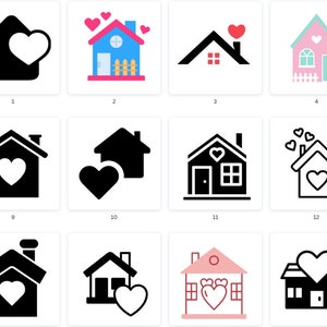 Może przedstawiać: Zestaw 12 czarno-białych ikon domów z sercami. Domy są w różnych stylach, niektóre z kominami, niektóre z oknami, a niektóre z drzwiami. Serca znajdują się w różnych pozycjach, niektóre wewnątrz domów, niektóre na zewnątrz, a niektóre unoszą się w powietrzu.