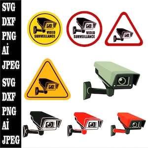 May include: A set of six security camera signs and illustrations. The signs are yellow, red, and white with black text that reads "Video Surveillance". The illustrations are black, gray, and red security cameras.