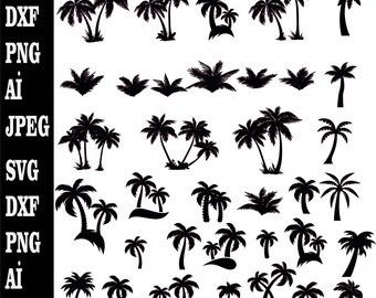 May include: A collection of 30 black silhouette palm tree illustrations. The palm trees are in various poses and sizes. The illustrations are perfect for use in digital design projects, such as creating patterns, backgrounds, or logos.