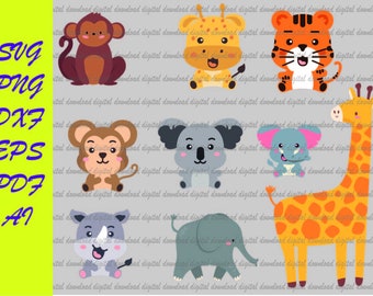 Woodland Animals SVG,Cut File,Layered,Monkey svg,,Birthday ,Cute,Leaf,Leaves,Clipart,Silhouette,baby Giraffe svg,tiger svg,Baby elephant