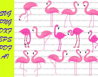 May include: A set of ten pink flamingo illustrations in various poses. The flamingos are all facing different directions and have different leg positions. The illustrations are in a simple, cartoon style.