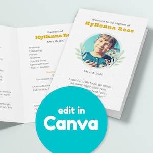May include: A baptism programme with a yellow and white colour scheme. The programme includes a photo of a young girl, the text "Welcome to the baptism of MyKenna Rees", and the date "May 13, 2021". The programme also includes a hymn about baptism.