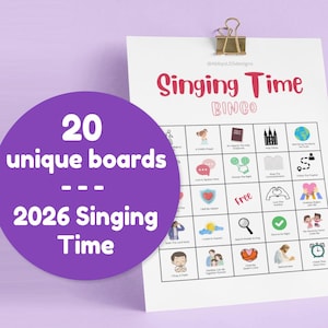 Puede incluir: Un papel blanco con el título "Singing Time Bingo" en escritura roja está sujeto por un clip dorado. La tarjeta de bingo tiene una cuadrícula de cuadrados ilustrados. Un círculo morado con texto blanco dice "20 tableros únicos -- 2026 Singing Time".