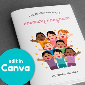 Op de afbeelding: Een wit boekje met de titel "Valley View 8th Ward Primary Program" en de datum "October 20, 2024". De omslag toont een kleurrijke illustratie van kinderen met hun armen omhoog.