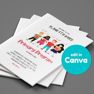 Può includere: Un opuscolo di programma bianco con il titolo "Plano 4th Ward Primary Program" e la data "October 31, 2021". L'opuscolo presenta un'illustrazione colorata di cinque bambini che tengono libri e cantano. Il testo "Whosoever therefore shall humble himself as this little child, the same is greatest in the kingdom of heaven" è stampato sotto l'illustrazione. Il testo "Matt 18:3-4" è stampato sotto la citazione.