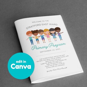 Peut inclure: Un programme coloré pour un programme primaire au Stratford East Ward le 14 septembre 2021. Le programme présente un groupe d'enfants se tenant la main et souriant. Le texte dit "Je suis un enfant de Dieu, et il m'a envoyé ici. Il m'a donné un foyer terrestre, avec des parents gentils et chers. Conduis-moi, guide-moi, marche à côté de moi. Aide-moi à trouver le chemin. Enseigne-moi tout ce que je dois faire pour vivre avec lui un jour."