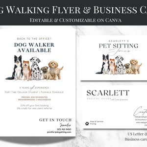 Pacote de arquivos digitais de panfletos e cartões de visita personalizáveis para passeadores de cães, cuidadores de animais de estimação e empresas de cuidados com animais de estimação.