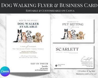 May include: A flyer and business card for a dog walking and pet sitting service. The flyer features a watercolor illustration of five dogs and the text "Back to the office? Dog Walker Available". The business card features the same illustration and the text "Scarlett's Pet Sitting Services".