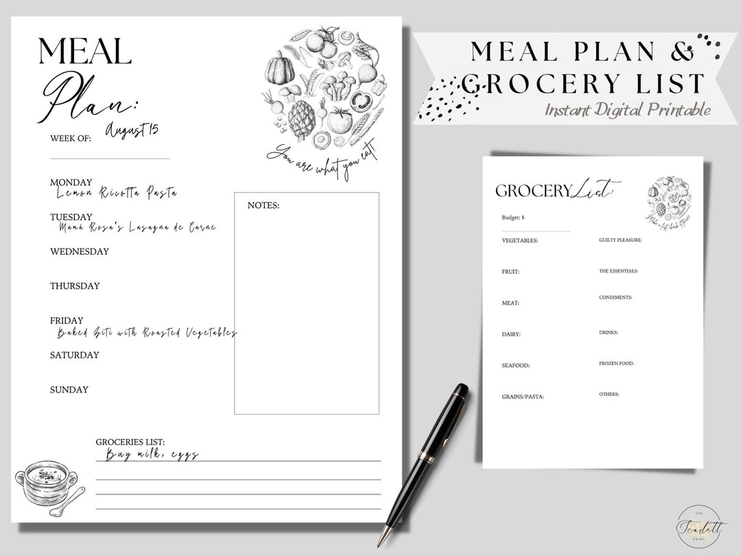 Digital Printable Weekly Meal Plan and Grocery List Set of 2 - Etsy