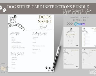 Puede incluir: Paquete de instrucciones imprimibles para el cuidado de perros con una ilustración en blanco y negro de un perro con un sombrero de copa. El paquete incluye una hoja de "Nombre del perro", una tarjeta de "Gracias", una hoja de "Horario diario", una hoja de "La casa" y una hoja de "Contactos". El texto "Personaliza tus detalles en Canva" está incluido.