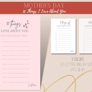 Feliz Día de la Madre 10 Cosas que Amo De Ti Tarjeta Descarga Instantánea Digital Imprimible / A4 y US Carta / Jpeg y Pdf (3 colores)