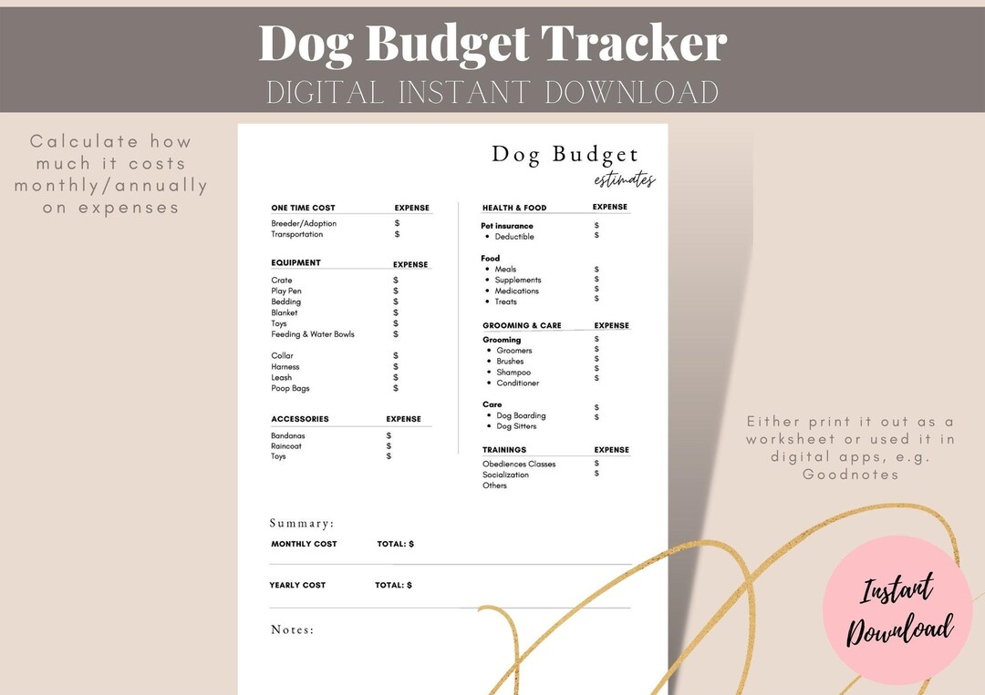 Dog Expense Cost Estimate Budget Tracker, Monthly and Annual Costs